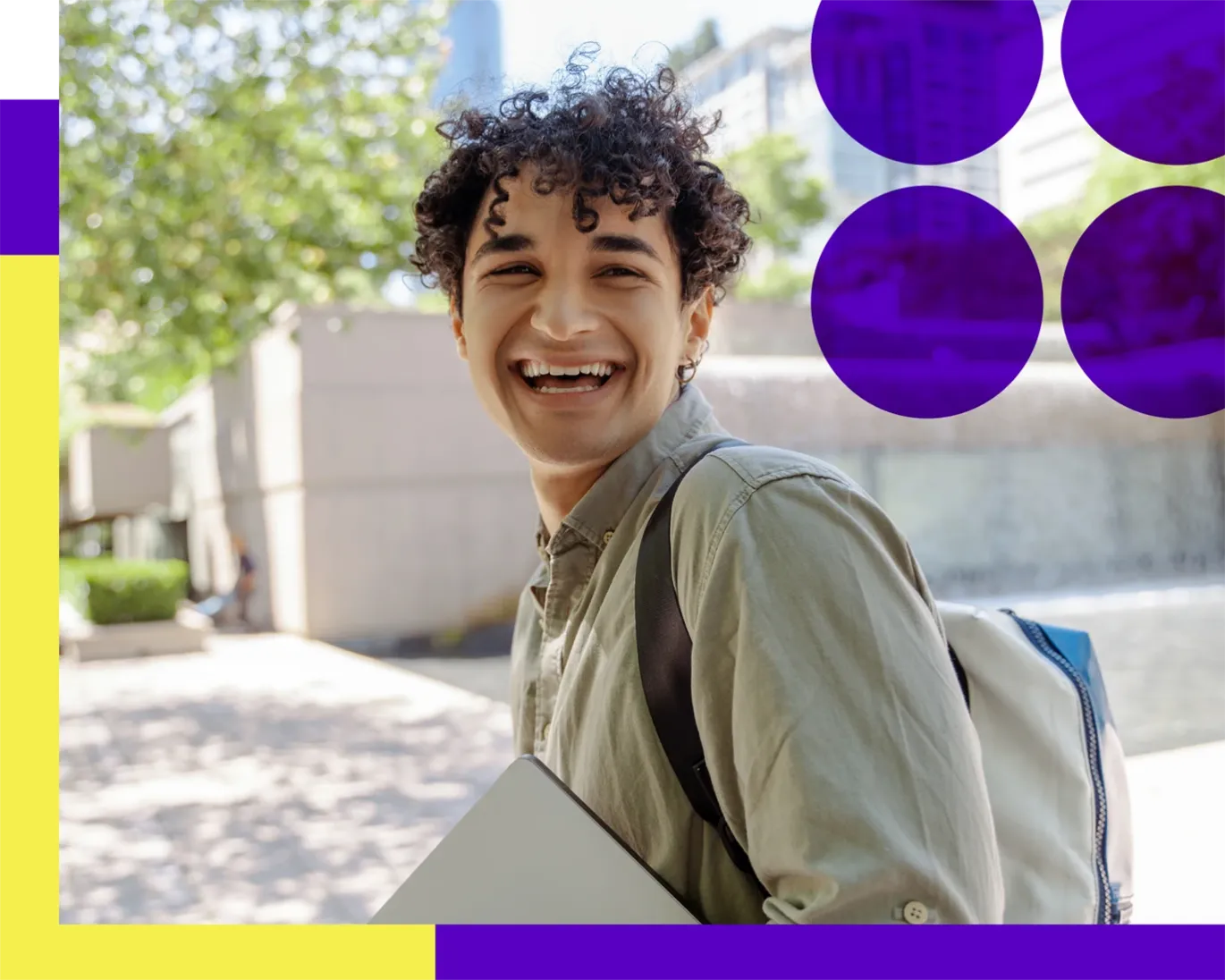 A man with backpack and laptop in hand smiling outside the building in the university campus after  taking IELTS session.