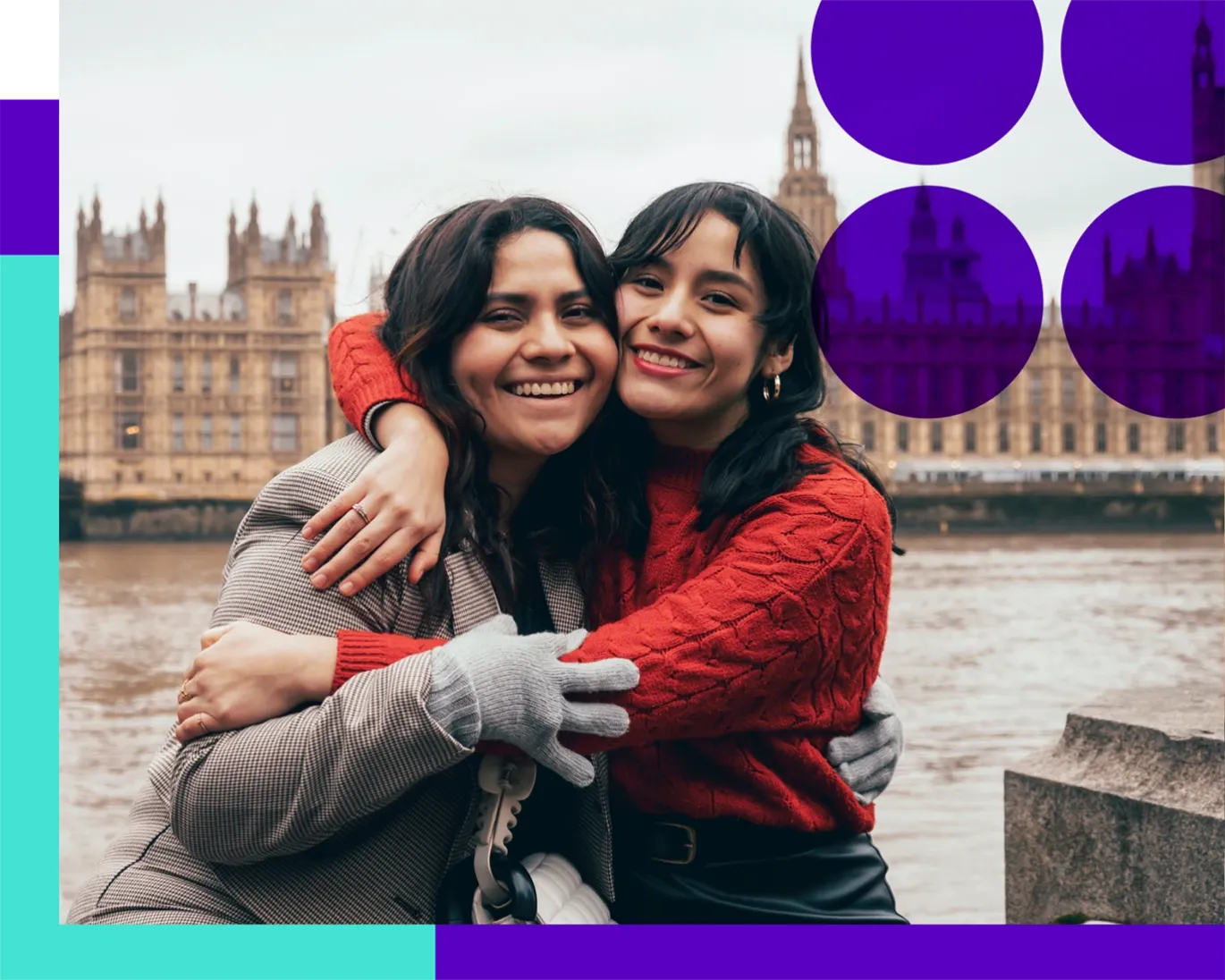 Two friends hugging and smiling near Big Ben in London.