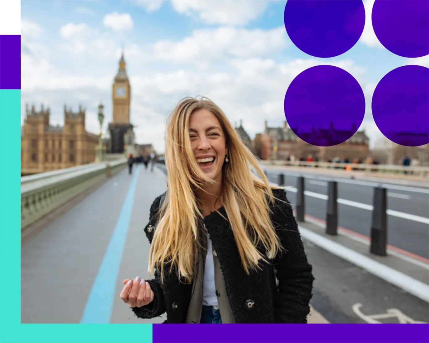 Young woman smiling while walking across a bridge in London.