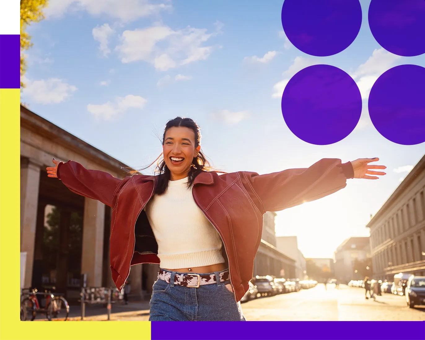 Young student celebrating success outside an IELTS test center after completing the exam.