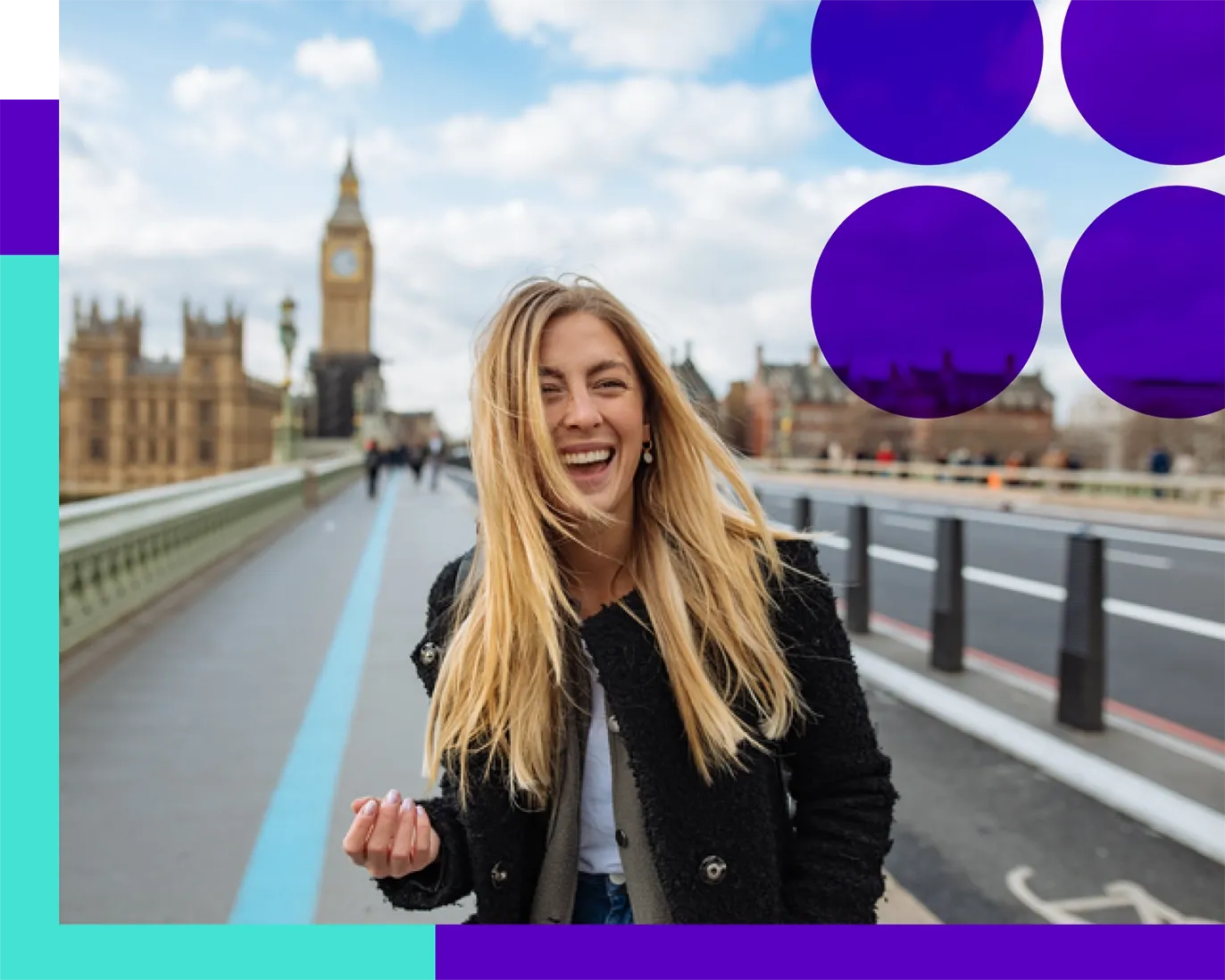 Young woman smiling while walking across a bridge in London.