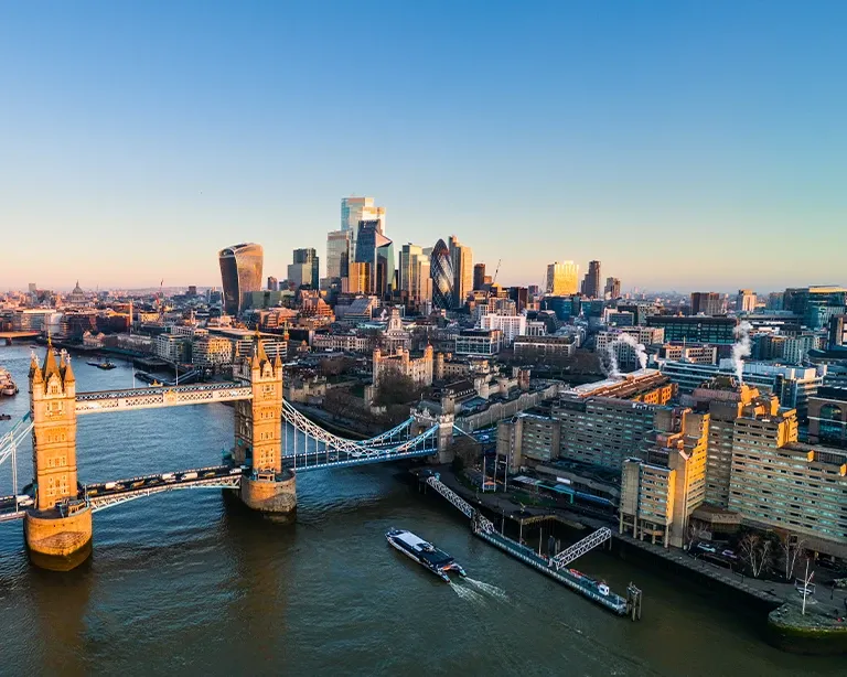 Aerial view of London city skyline with Tower Bridge and the River Thames